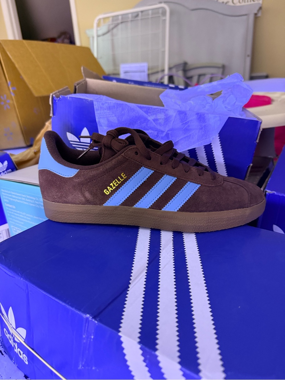 adidas women’s Gazelle shoes in brown and Bold Blue